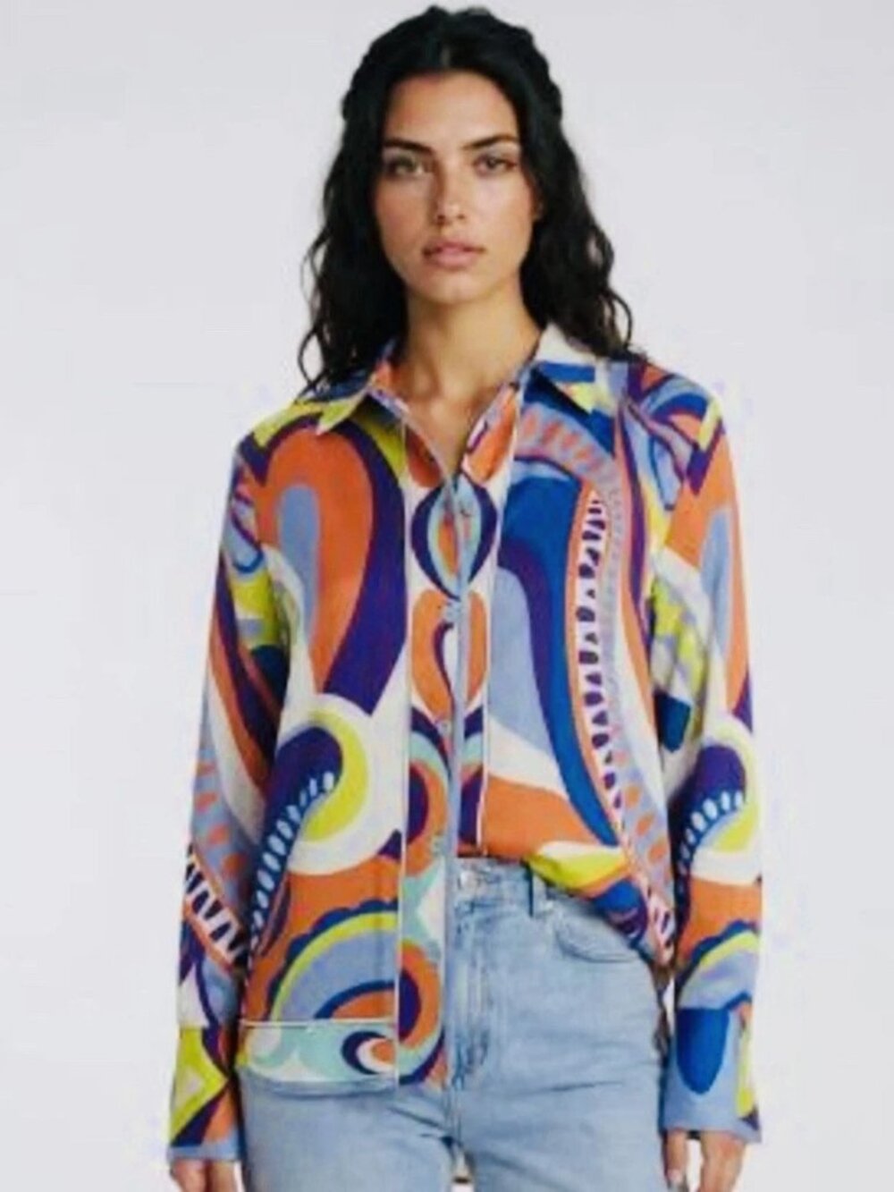 ZARA Multicolor Abstract-Print Satin Pucci-Style Retro Shirt Sz XL